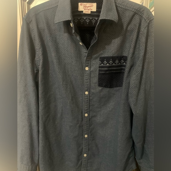 Penguin Classic Fit Blue White Geometric Print Pocket L/S Shirt M - Picture 2 of 6